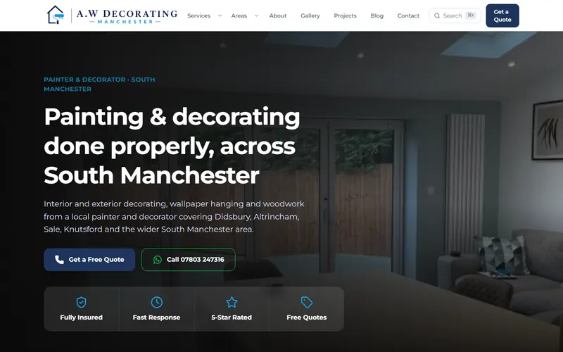 Adam Woods Decorating's homepage: a decorated living room behind the South Manchester headline, with call and quote buttons