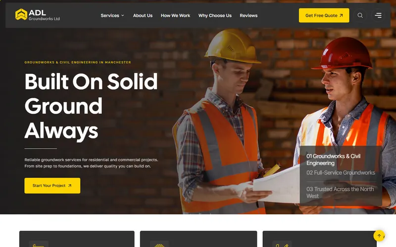 ADL Groundworks' homepage: two groundworkers in hi-vis reading drawings on site, above a Start Your Project button