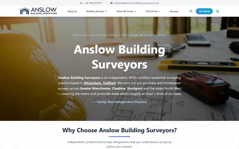 Anslow Building Surveyors' homepage: a hard hat, drawings and survey tools behind the practice name