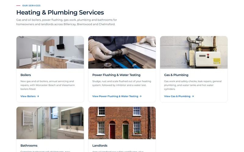 Billericay Heating's services section: a card each for boilers, power flushing, gas and plumbing, and bathrooms, each linking to its own page