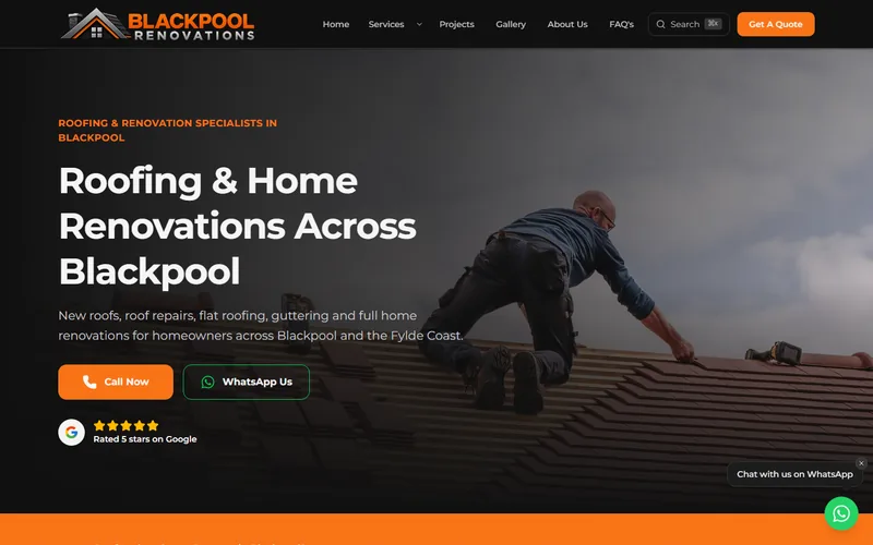 The Blackpool Renovations concept homepage: a roofer laying tiles behind call and WhatsApp buttons, with the design's placeholder review badge under them