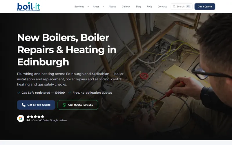 Boil-it's homepage: an engineer working on pipework, with the Gas Safe registration number beside the quote buttons
