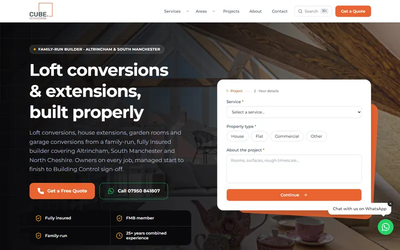 Cube Builds' homepage: a finished loft room behind a two-step quote form asking for the service and property type