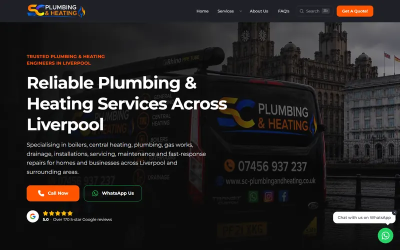 SC Plumbing and Heating's homepage: the firm's branded van in front of the Liver Building, with call and WhatsApp buttons