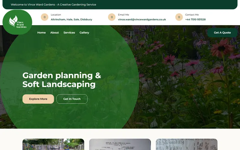 Vince Ward Gardens' homepage: a planted border in flower behind the garden planning headline